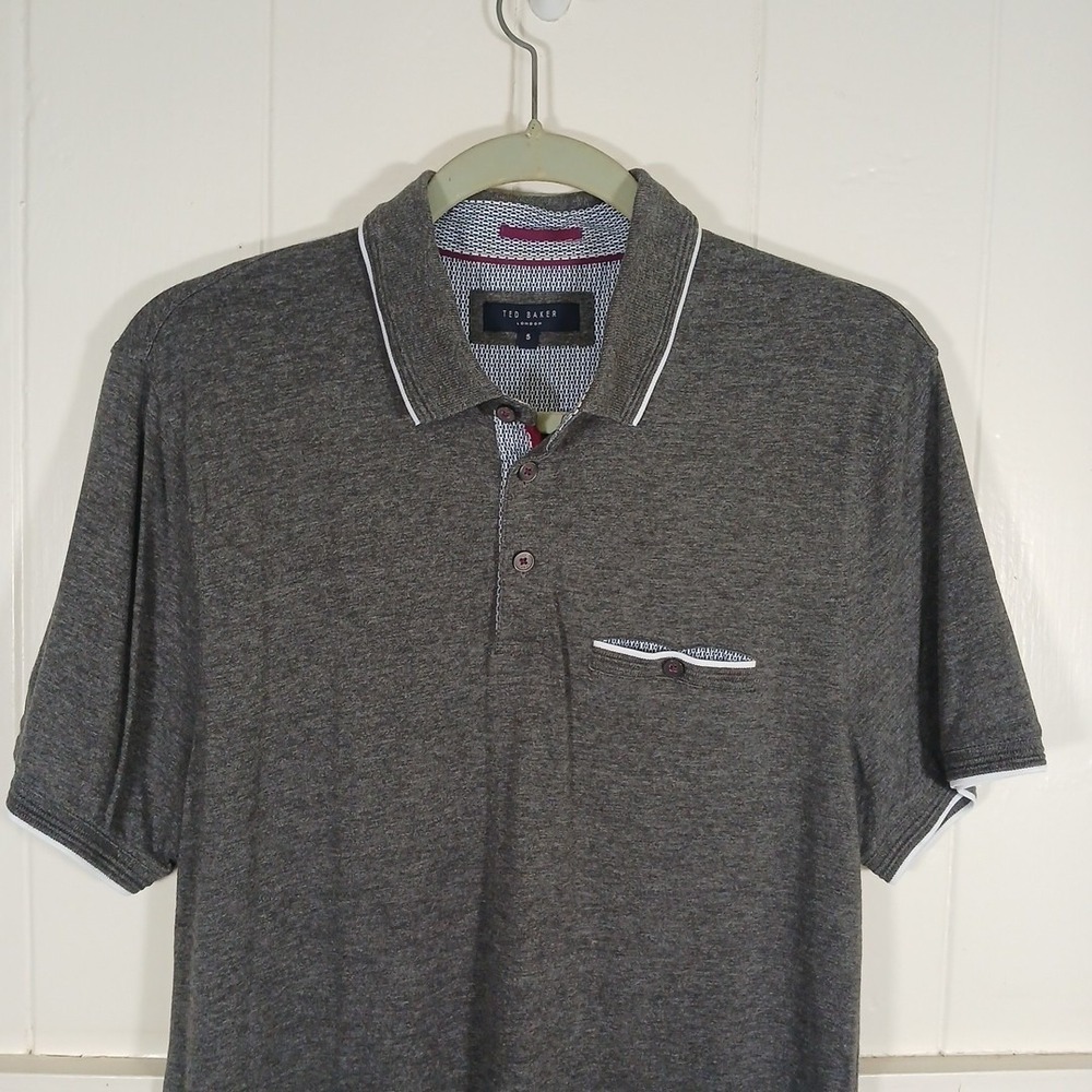 Ted Baker London Shirt Derby Contrasting Trim Pocket Polo Men's 5 Cotton Gray SS